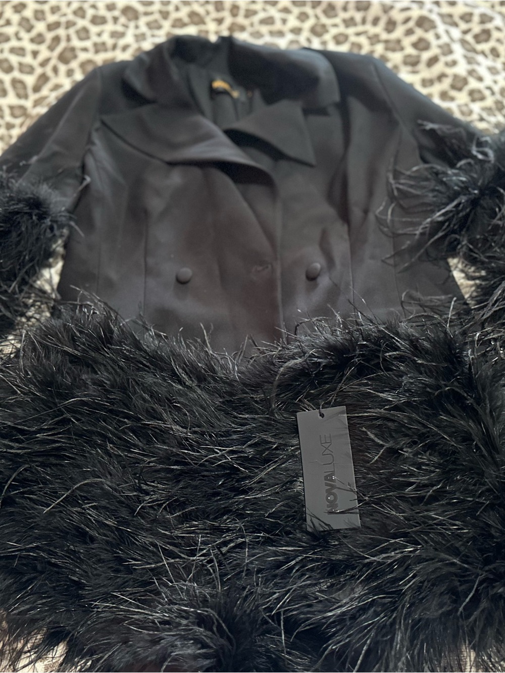 Black Faux-Fur Trim Double-Breasted Blazer and shorts-Women